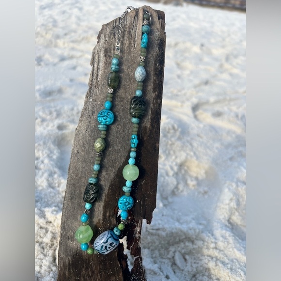Monet Jewelry - Signed Monet Carved Jade Turquoise Molded glass Necklace Vintage